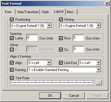 Text Format dialog box - specify text layout parameters